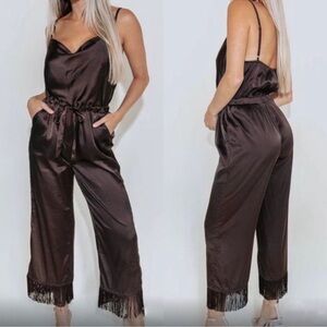 Kittenish Brown Satin Fringe Hem Jumpsuit